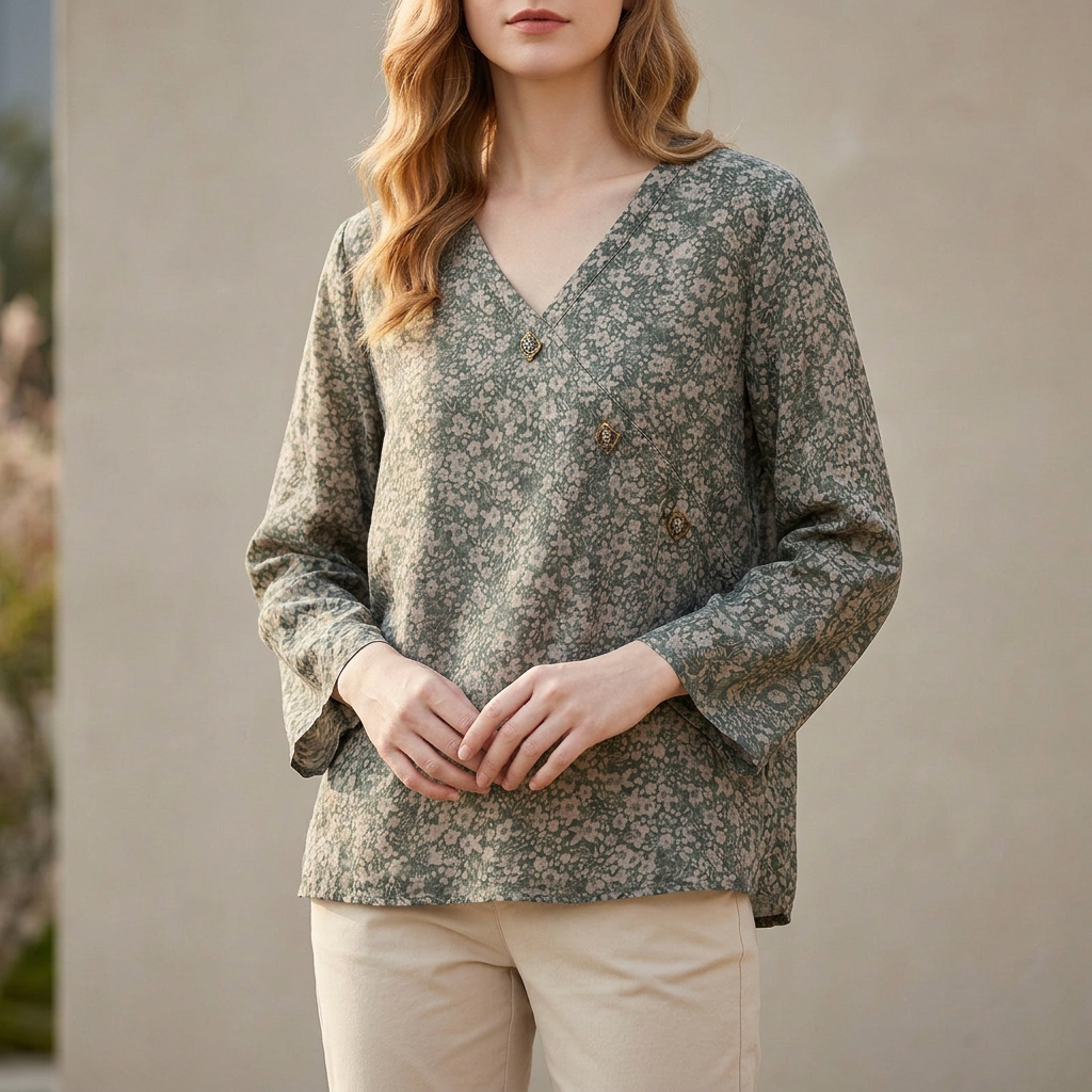 Relaxed Crosswrap Blouse with V-Neck and High-Low Hem