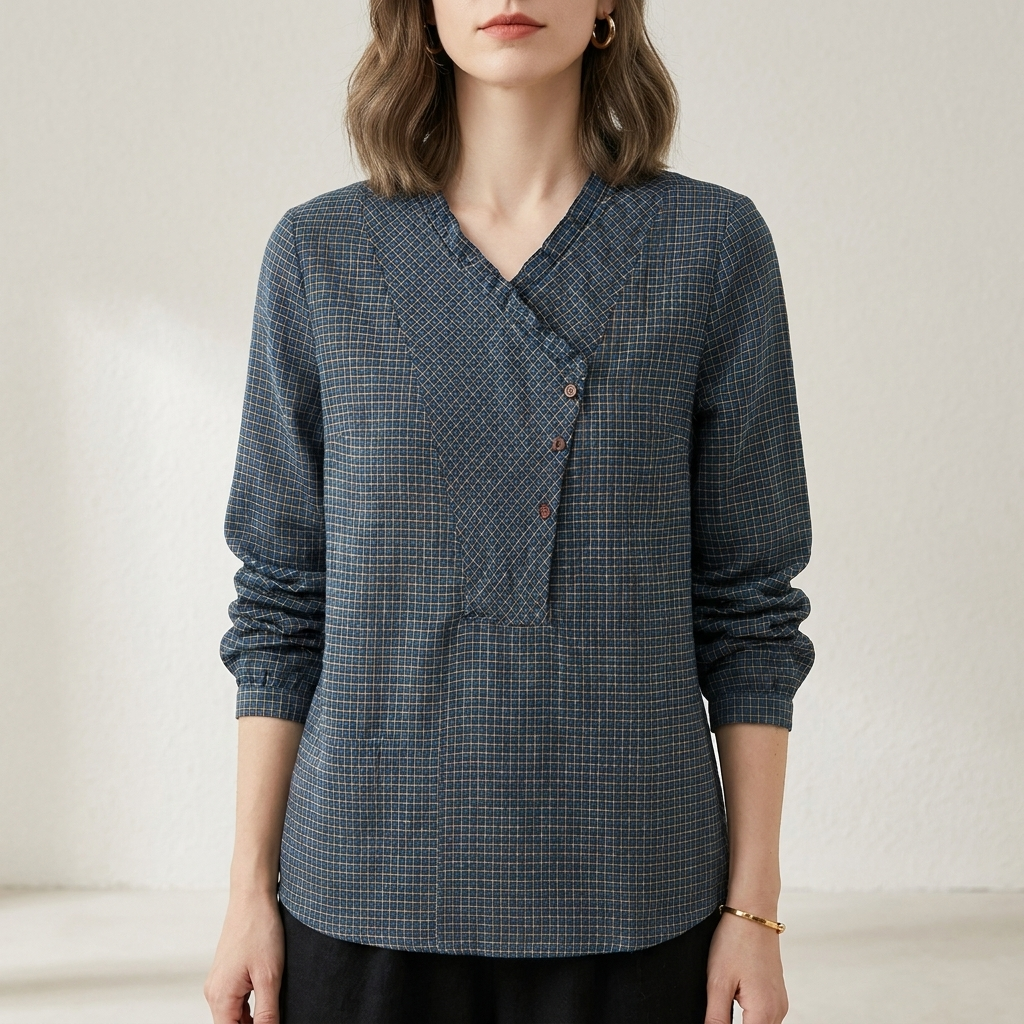 Relaxed Geometric Button Blouse with Loose-Fit Sleeves
