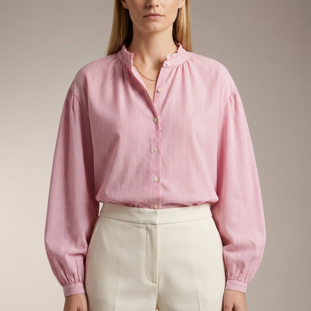 Relaxed Silhouette Blouse with Ruffled Collar and Balloon Sleeves