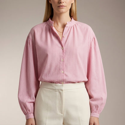 Relaxed Silhouette Blouse with Ruffled Collar and Balloon Sleeves