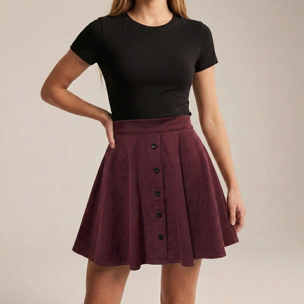 Structured High-Waisted A-Line Mini Skirt with Button Front Detail