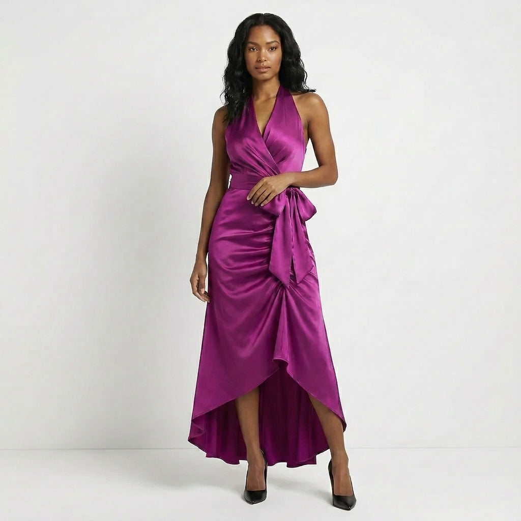Satin Halter Neck Wrap Maxi Dress with Bow Tie Waist and Ruffled Hem