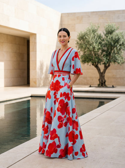 Elegant Floral Print V-Neck Maxi Dress with Flutter Sleeves and Pockets