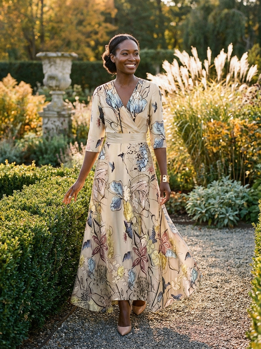 Elegant Floral Print V-Neck Maxi Dress with Flutter Sleeves and Pockets