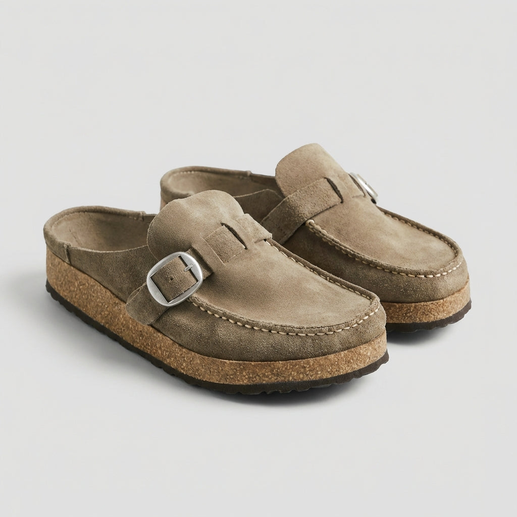 Suede Slip-On Mules with Buckle Accent and Cork Platform Sole