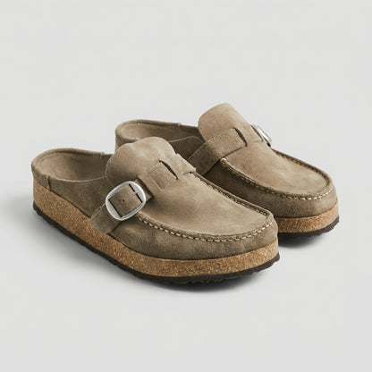 Suede Slip-On Mules with Buckle Accent and Cork Platform Sole