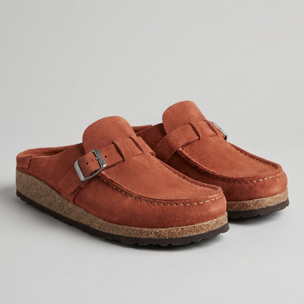 Suede Slip-On Mules with Buckle Accent and Cork Platform Sole