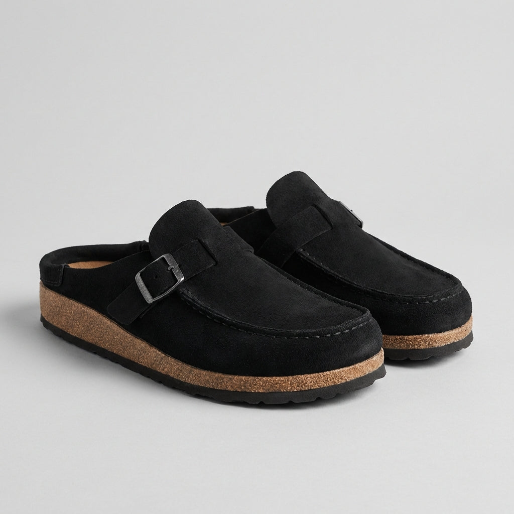 Suede Slip-On Mules with Buckle Accent and Cork Platform Sole