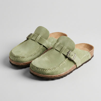 Suede Slip-On Mules with Buckle Accent and Cork Platform Sole