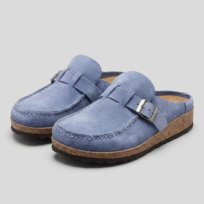 Suede Slip-On Mules with Buckle Accent and Cork Platform Sole