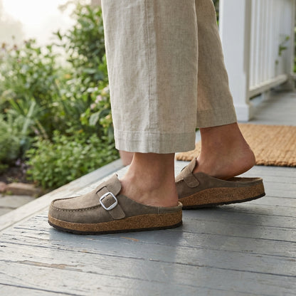 Suede Slip-On Mules with Buckle Accent and Cork Platform Sole