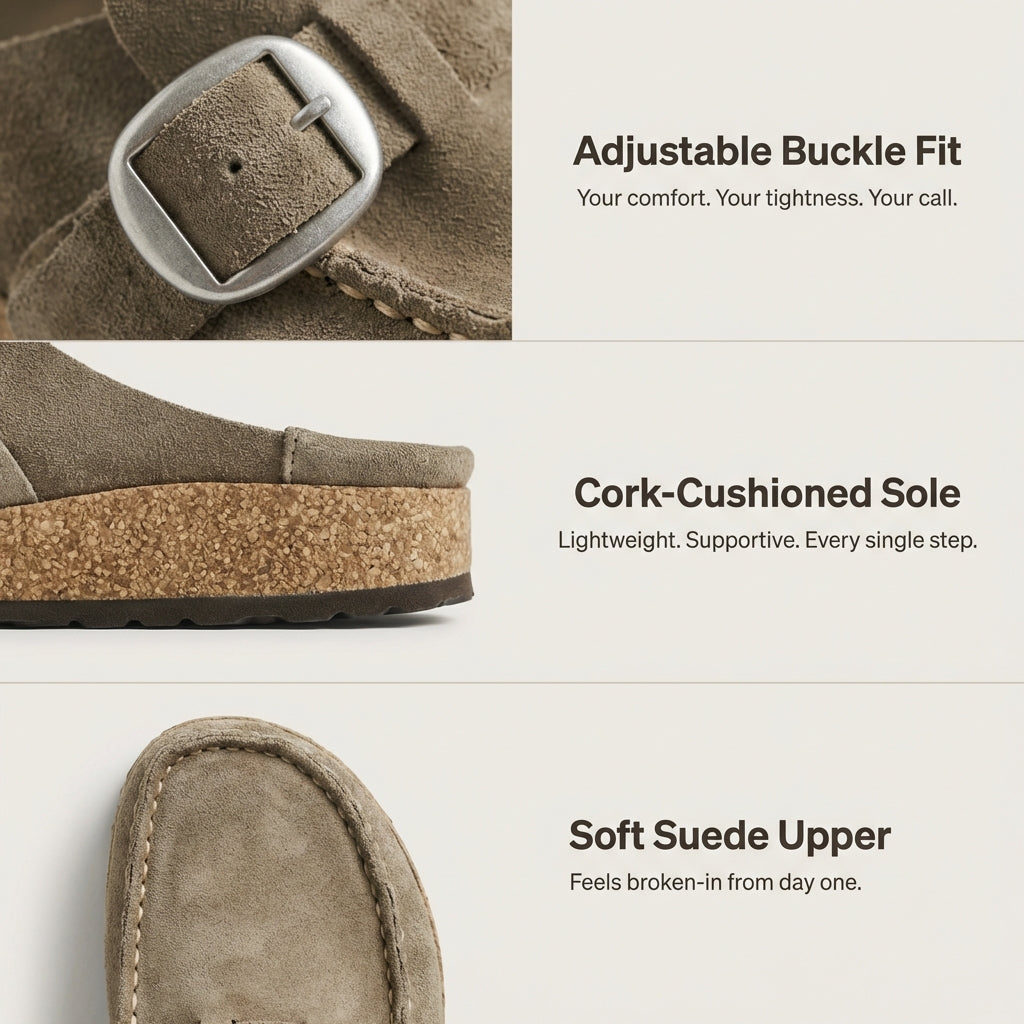 Suede Slip-On Mules with Buckle Accent and Cork Platform Sole