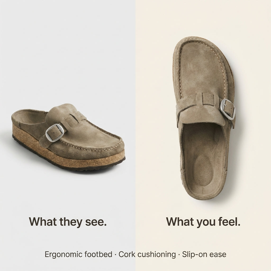 Suede Slip-On Mules with Buckle Accent and Cork Platform Sole