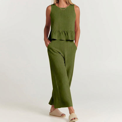 Breezy Linen Blend Peplum Top and Wide-Leg Pant Set