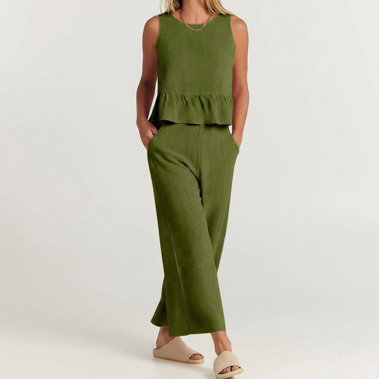 Breezy Linen Blend Peplum Top and Wide-Leg Pant Set