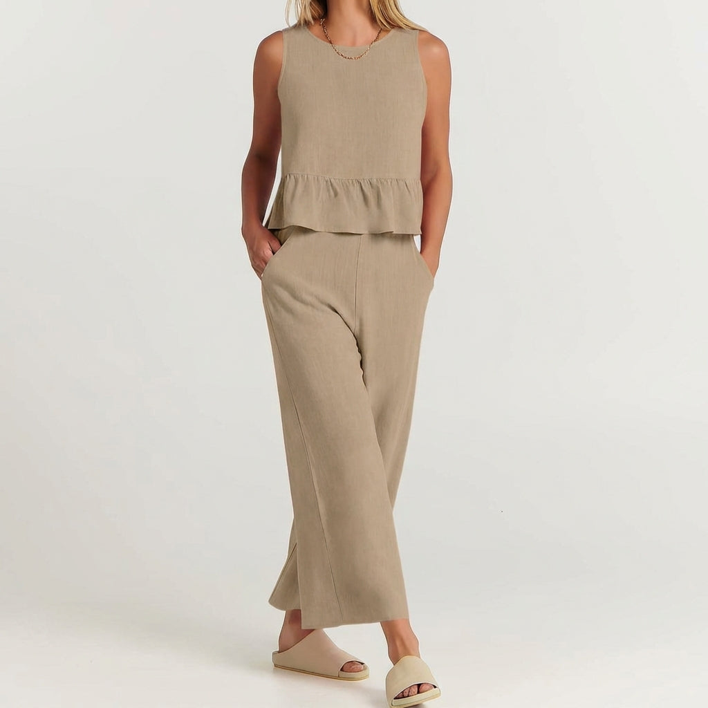 Breezy Linen Blend Peplum Top and Wide-Leg Pant Set