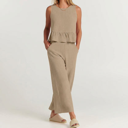 Breezy Linen Blend Peplum Top and Wide-Leg Pant Set