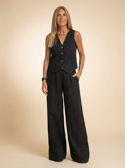 Tailored Linen-Texture Vest and Wide-Leg Trouser Co-ord Set