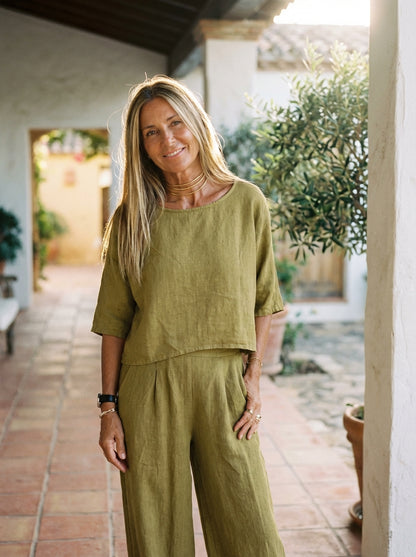 Relaxed Linen-Texture Two-Piece Set with Wide-Leg Trousers