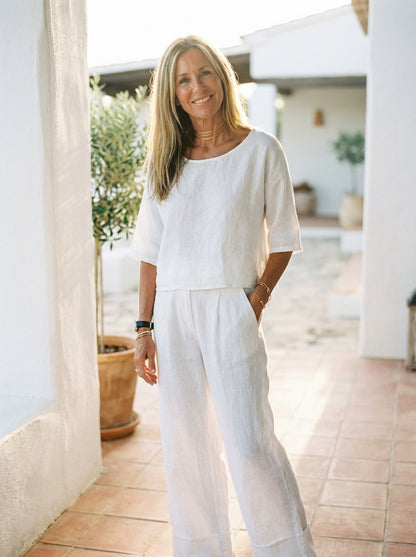 Relaxed Linen-Texture Two-Piece Set with Wide-Leg Trousers