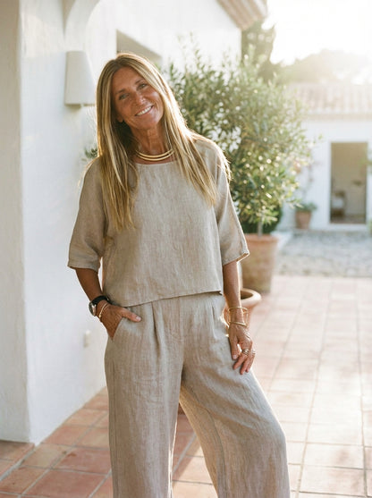 Relaxed Linen-Texture Two-Piece Set with Wide-Leg Trousers