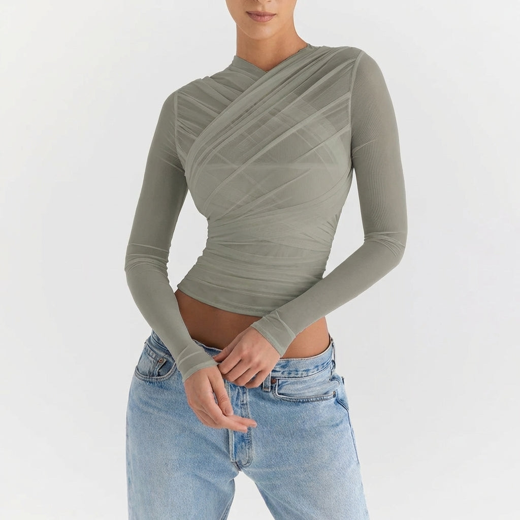 Sheer Overlay Long Sleeve Cropped Top