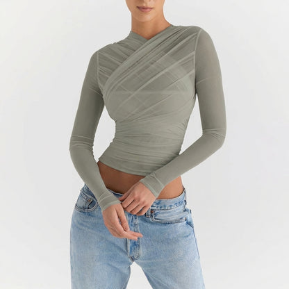 Sheer Overlay Long Sleeve Cropped Top