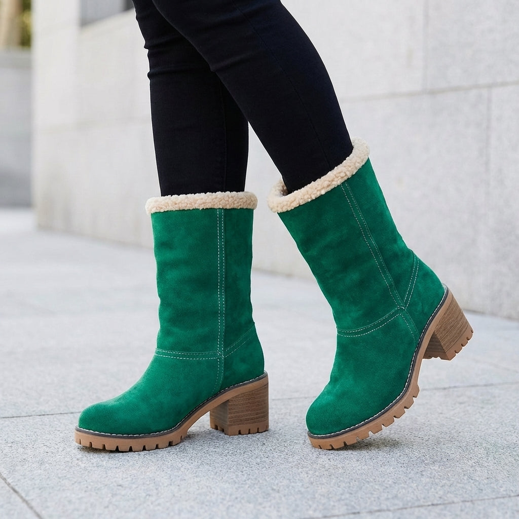 Mid-Calf Fur-Lined Boots with Lug Sole and Block Heel