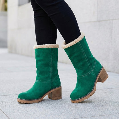 Mid-Calf Fur-Lined Boots with Lug Sole and Block Heel