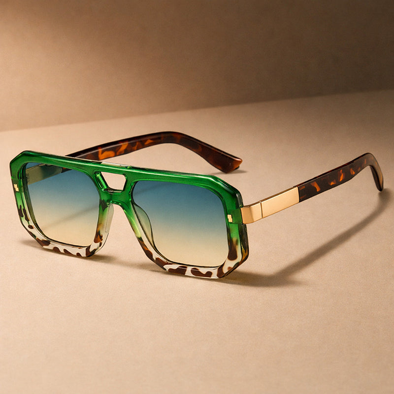 Oversized Geometric Sunglasses with Double Bridge and Metallic Detail