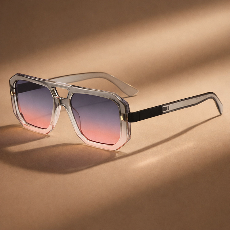 Oversized Geometric Sunglasses with Double Bridge and Metallic Detail