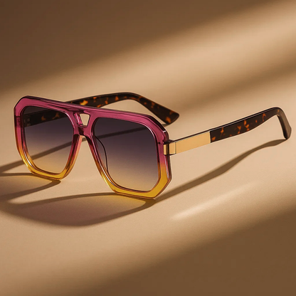 Oversized Geometric Sunglasses with Double Bridge and Metallic Detail