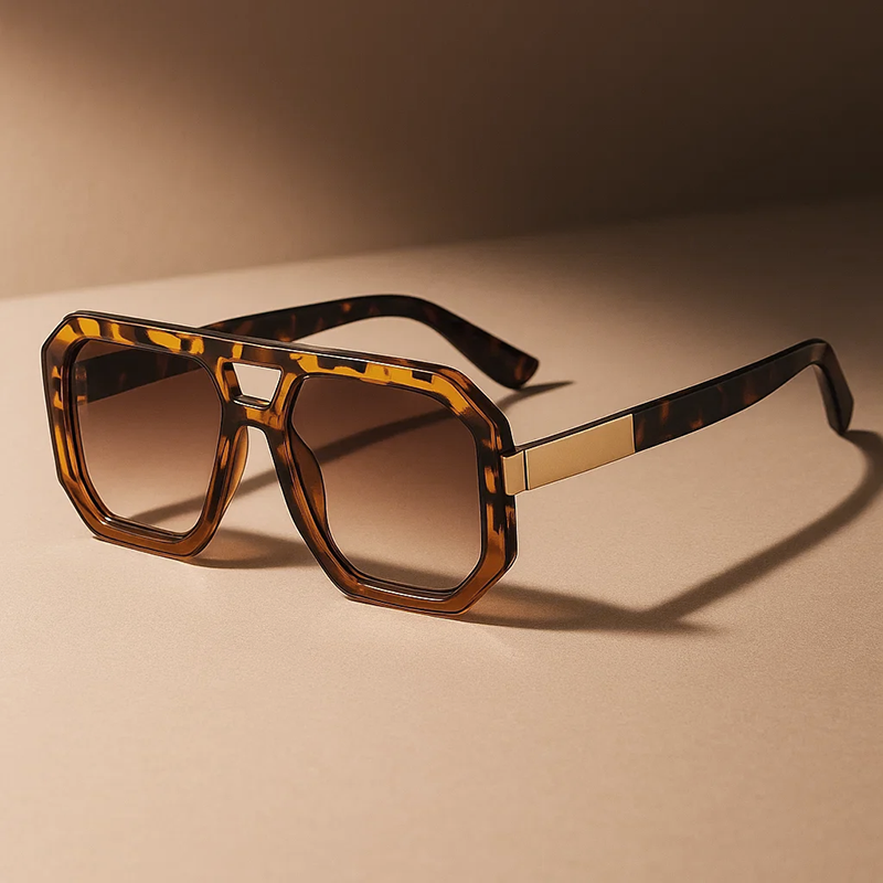 Oversized Geometric Sunglasses with Double Bridge and Metallic Detail