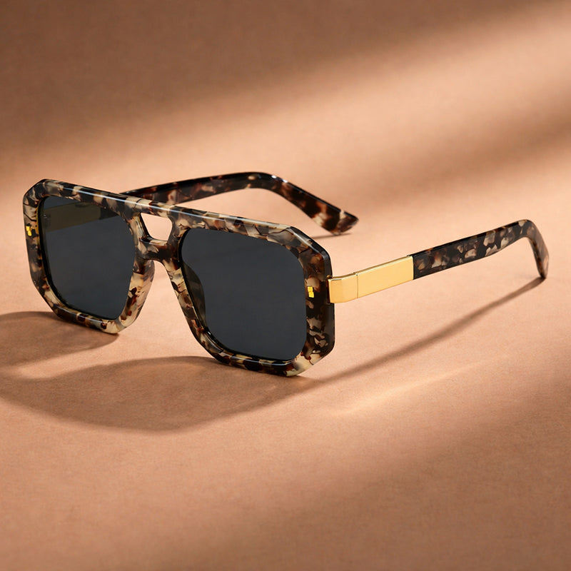 Oversized Geometric Sunglasses with Double Bridge and Metallic Detail