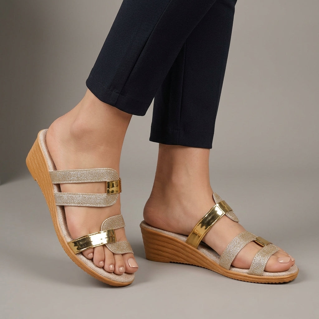 Shimmer Strap Wedge Sandals with Metallic Accent Details