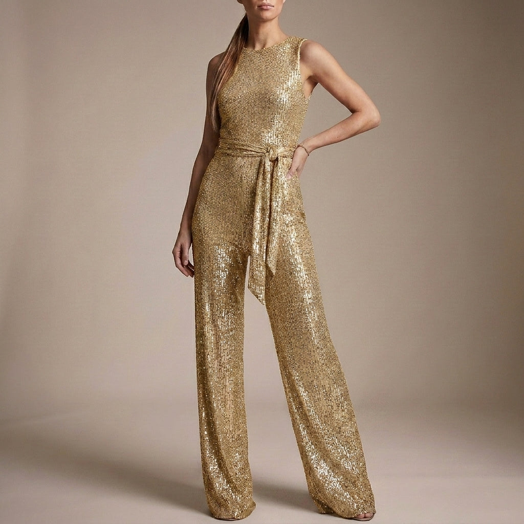 Glitter-Textured Wide-Leg Jumpsuit with Self-Tie Waist for Evening Elegance