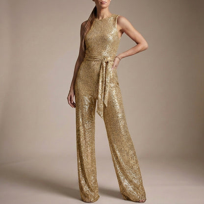 Glitter-Textured Wide-Leg Jumpsuit with Self-Tie Waist for Evening Elegance