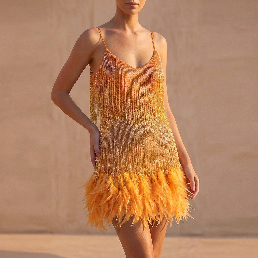 The Shimmering Fringe & Feather Mini Dress