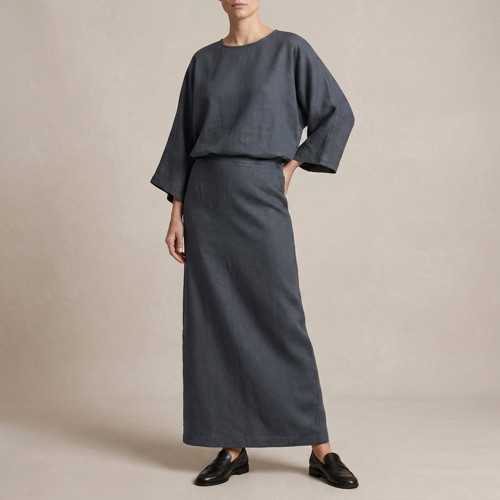 Two-Piece Textured Woven Skirt Suit with Draped High-Waist Silhouette