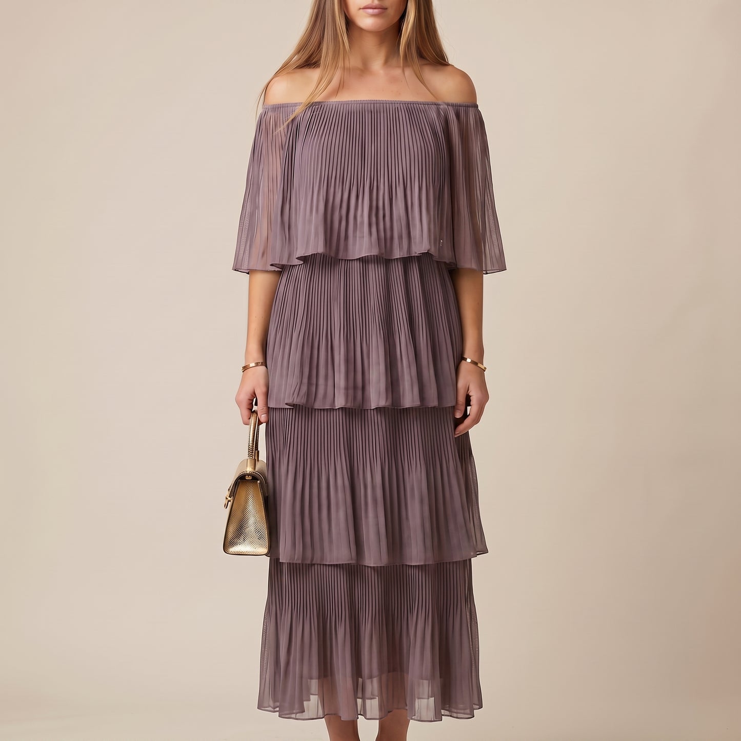 Flowing Off-Shoulder Maxi Dress with Sheer Tiered Accordion Pleats