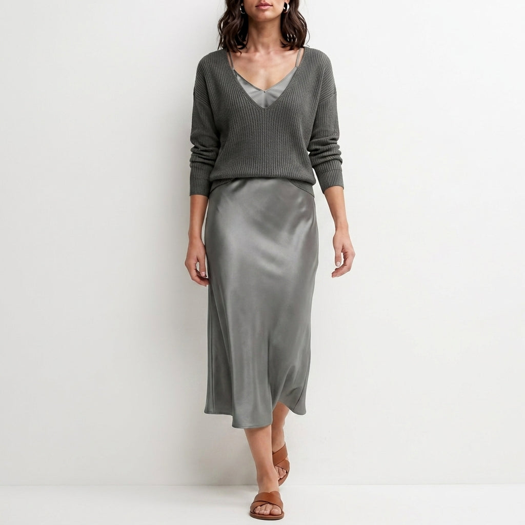 Relaxed V-Neck Knit Top and Satin Maxi Skirt Set