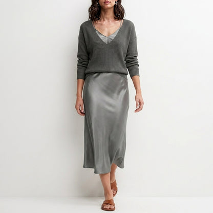 Relaxed V-Neck Knit Top and Satin Maxi Skirt Set