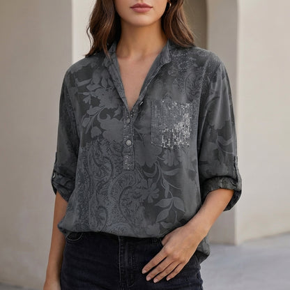 Relaxed Floral Burnout Blouse with Adjustable Roll-Tab Sleeves