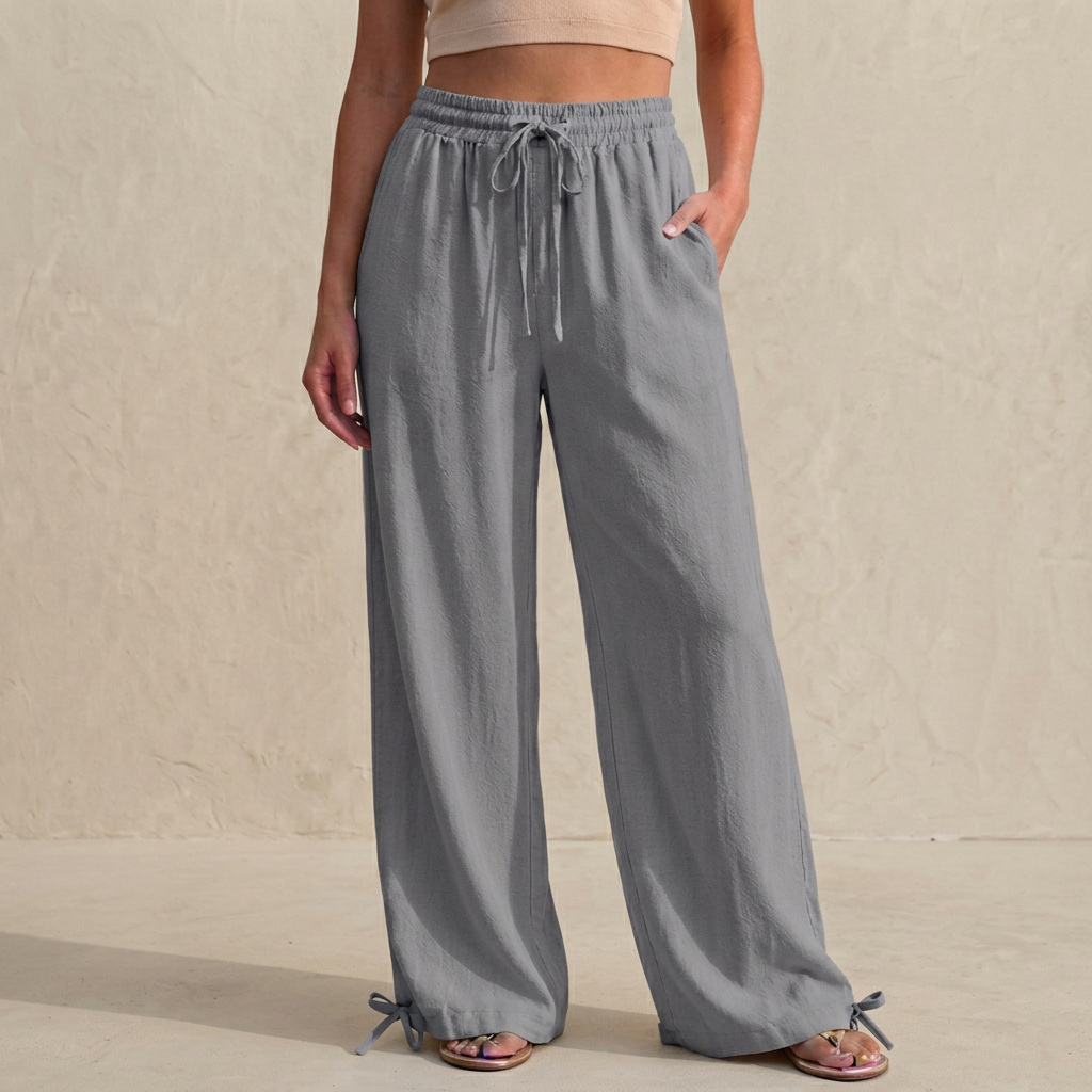 Relaxed Wide-Leg Trousers with Drawstring and Ankle Tie Detail