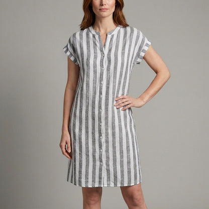 Coastal Stripe Button Front Mini Dress with Relaxed Silhouette