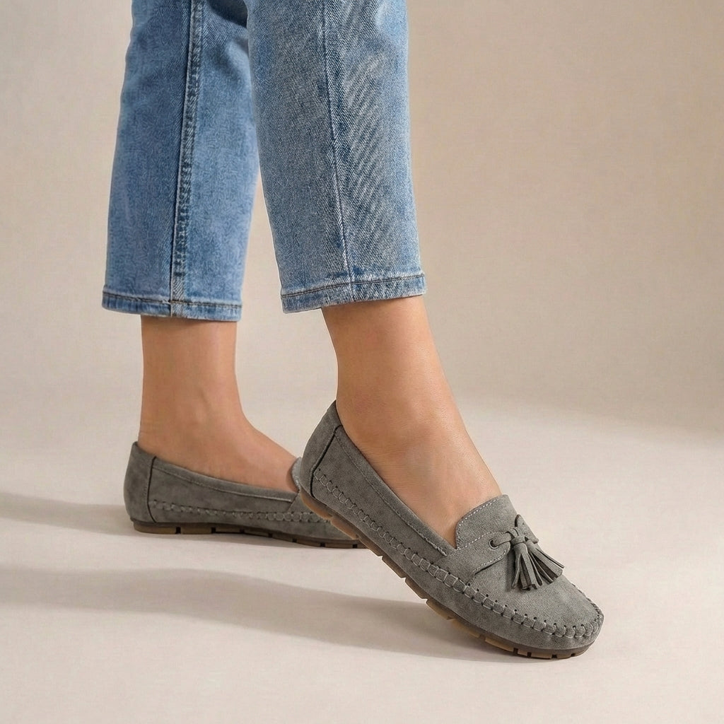 Suede Slip-On Loafers with Decorative Tassel Bow and Moccasin Stitching