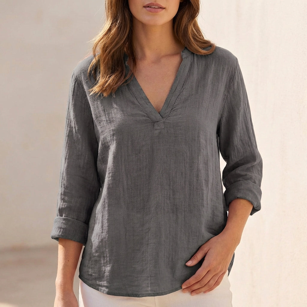 Relaxed Cotton Linen V-Neck Pullover Blouse with Textured Finish