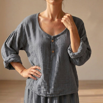 Relaxed V-Neck Cotton Blend Blouse with Textured Volume Sleeves