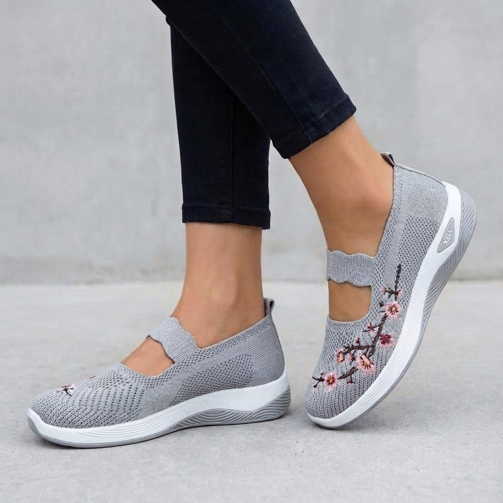 Knit Mesh Mary Jane Flats with Floral Embroidery and Scalloped Strap