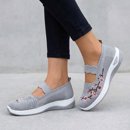 Knit Mesh Mary Jane Flats with Floral Embroidery and Scalloped Strap